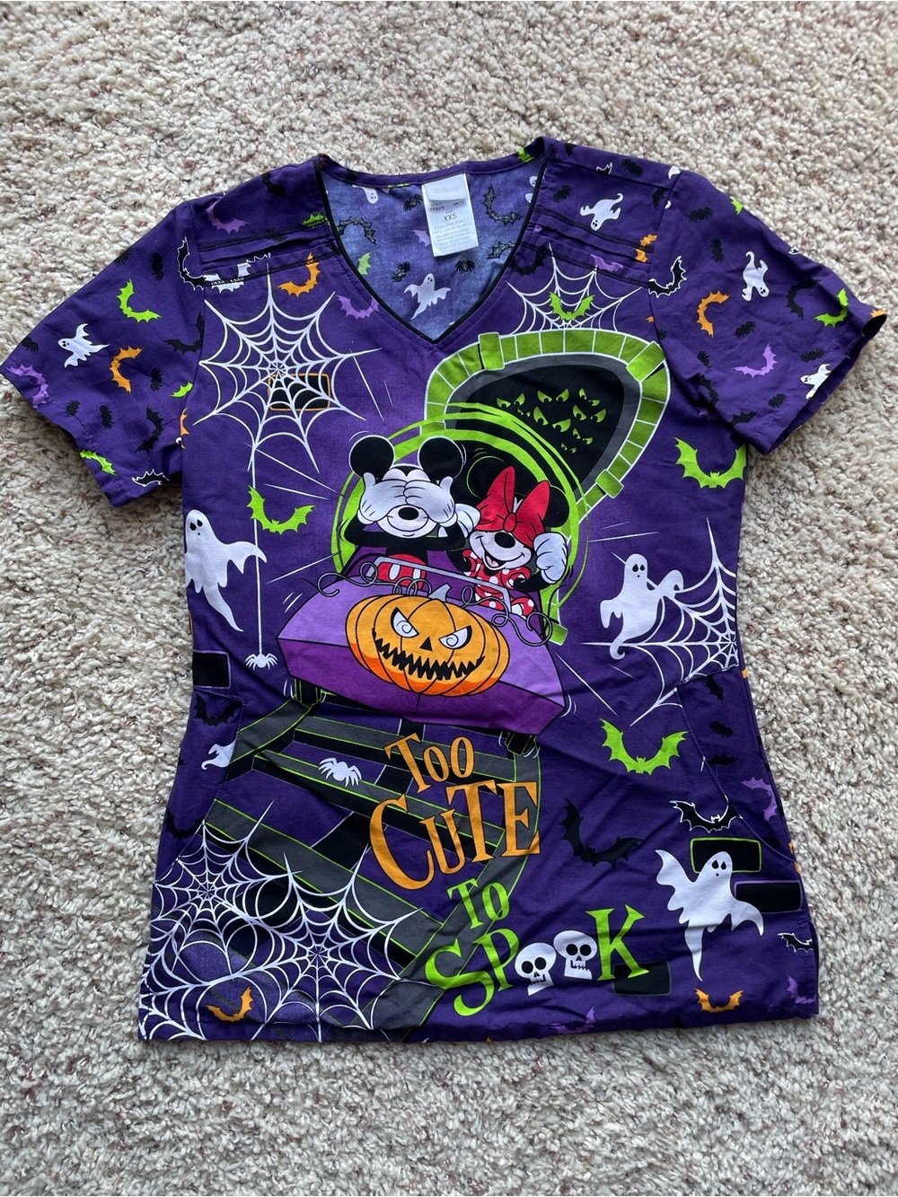DISNEY Purple 'Too Cute to Spook' Halloween Scrub Top Size XXS 🎃 👻